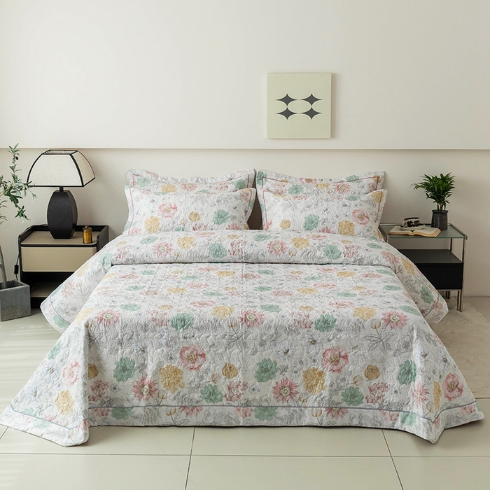 91家纺网 家纺一手货源 找家纺 优乐家纺 2025新款全棉斜纹13376宽边枕套床盖三件套 安琪-黄