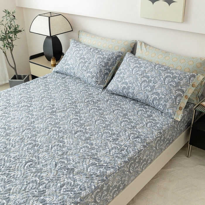 91家纺网 家纺一手货源 找家纺 优乐家纺 2025新款纯棉印花夹棉床笠三件套系列-纽扣款 波西米亚