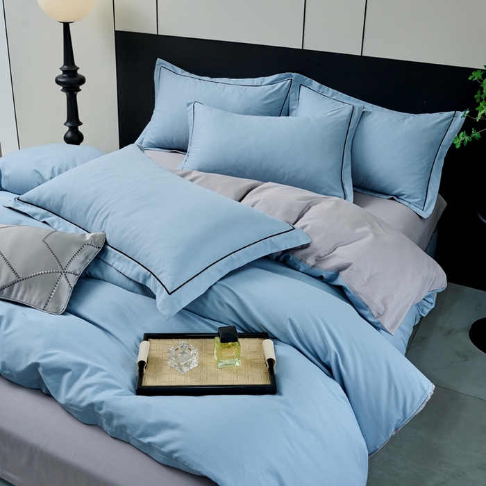 91家纺网 家纺一手货源 找家纺 三沁家居 2024新款精梳长绒棉四件套 蓝灰