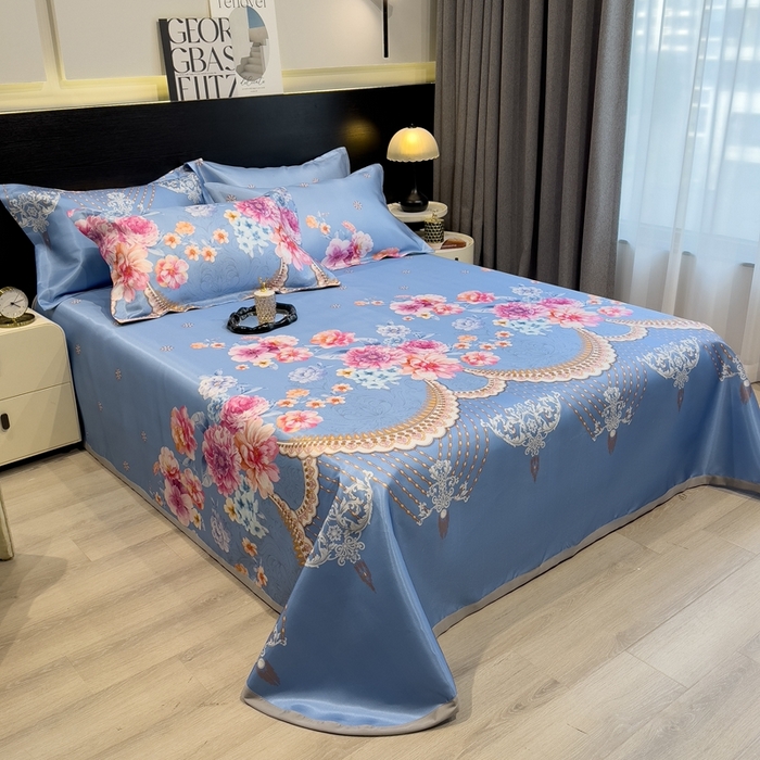 91家纺网 家纺一手货源 找家纺 柏薇 2024新款冰丝床单款凉席三件套 花丛间