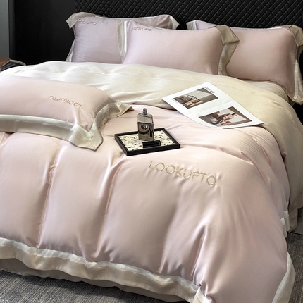 91家纺网 家纺一手货源 找家纺 优悦生活馆 宽边拼角冰丝刺绣四件套-仰望 仰望-粉