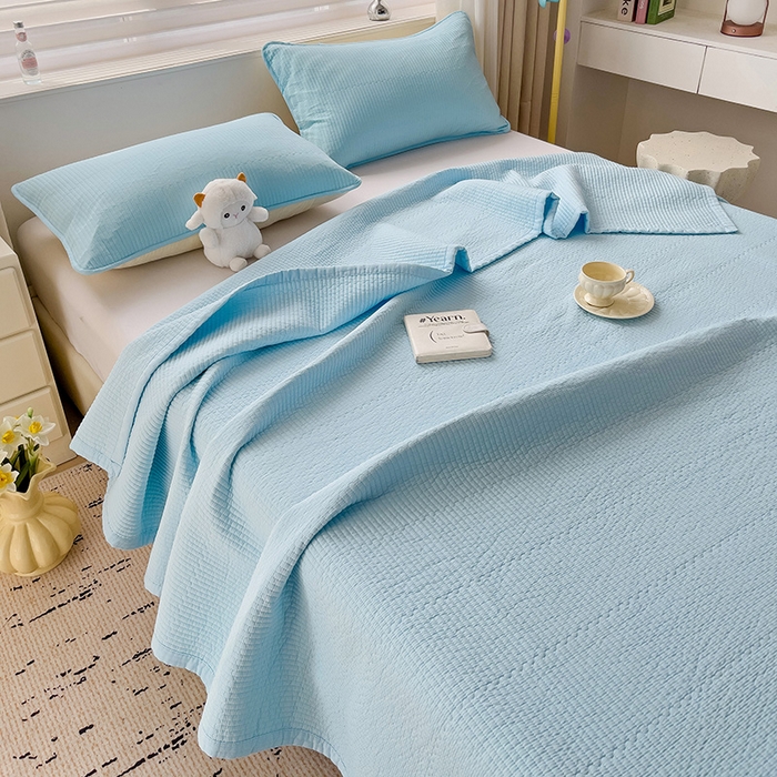 91家纺网 家纺一手货源 找家纺 羽爱家纺 2024新款双面纯色全棉水洗床盖 天蓝