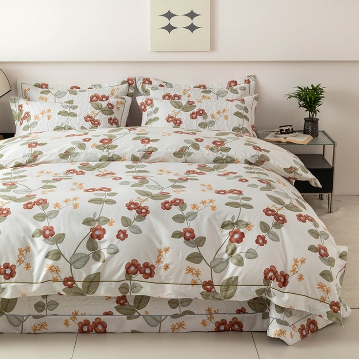 91家纺网 家纺一手货源 找家纺 优乐家纺 2025新款全棉斜纹13376单层被套夹棉床盖款四件套 花颜悦色