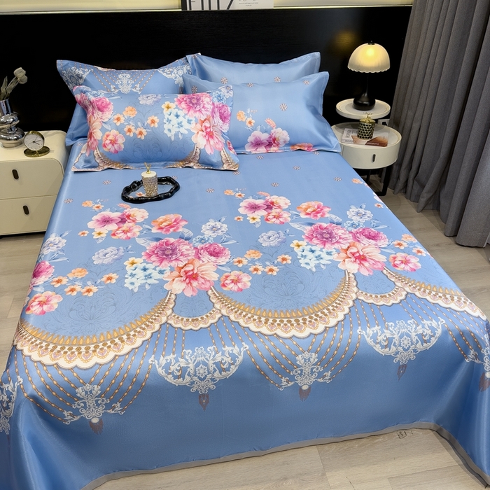 91家纺网 家纺一手货源 找家纺 柏薇 2024新款冰丝床单款凉席三件套 花丛间