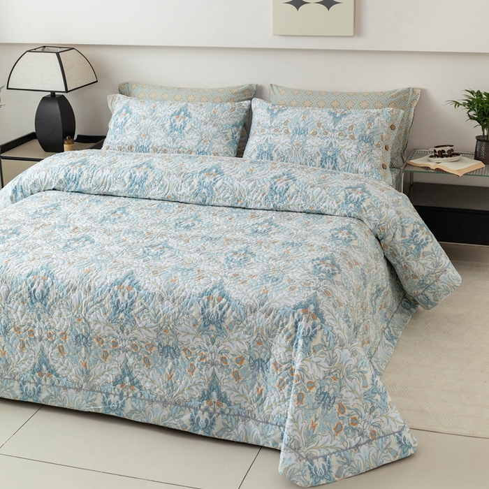 91家纺网 家纺一手货源 找家纺 优乐家纺 2025新款纯棉印花夹棉系列床盖三件套-纽扣款 普卡拉-兰