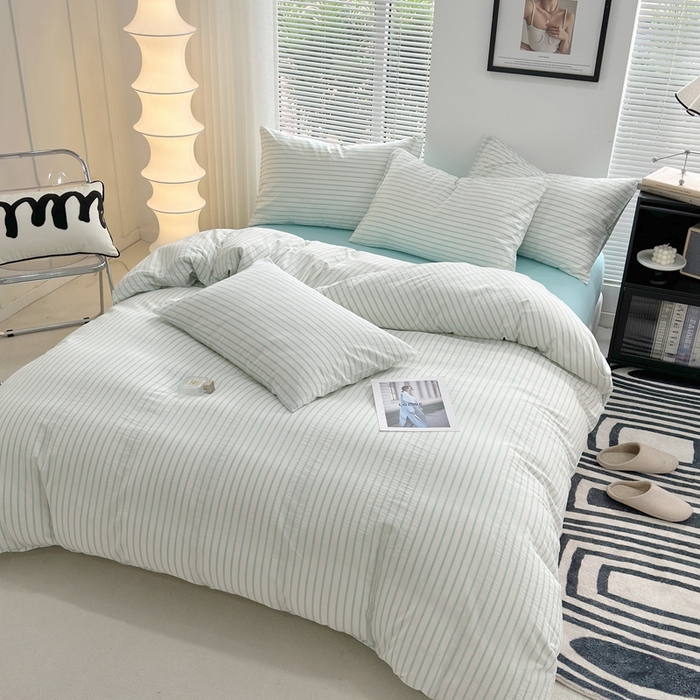 91家纺网 家纺一手货源 找家纺 价格下调三沁直播爆AAB版款纯棉全棉色织水洗棉简约格子式四件套（床单直角）湖蓝条