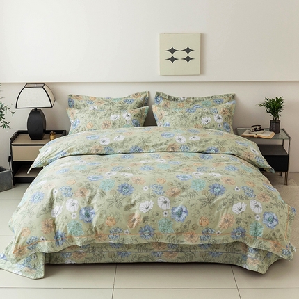 91家纺网 家纺一手货源 找家纺 优乐家纺 2025新款全棉斜纹13376单层被套夹棉床盖款四件套 安琪-绿