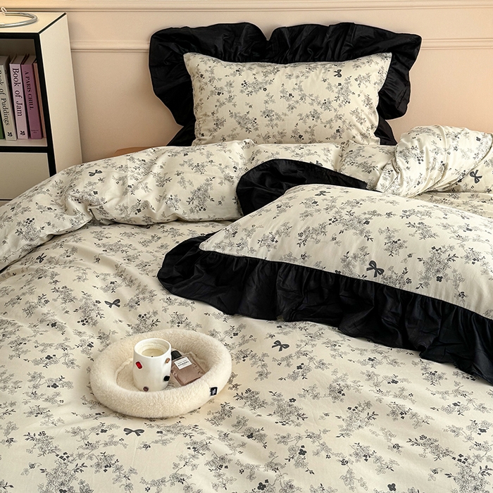 91家纺网 家纺一手货源 找家纺 （总）昔可 新款单层大黑边复古花轻奢风四件套