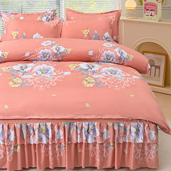 91家纺网 家纺一手货源 找家纺 小雨家纺 2026新款芦荟棉床裙四件套 花枝招展-桔