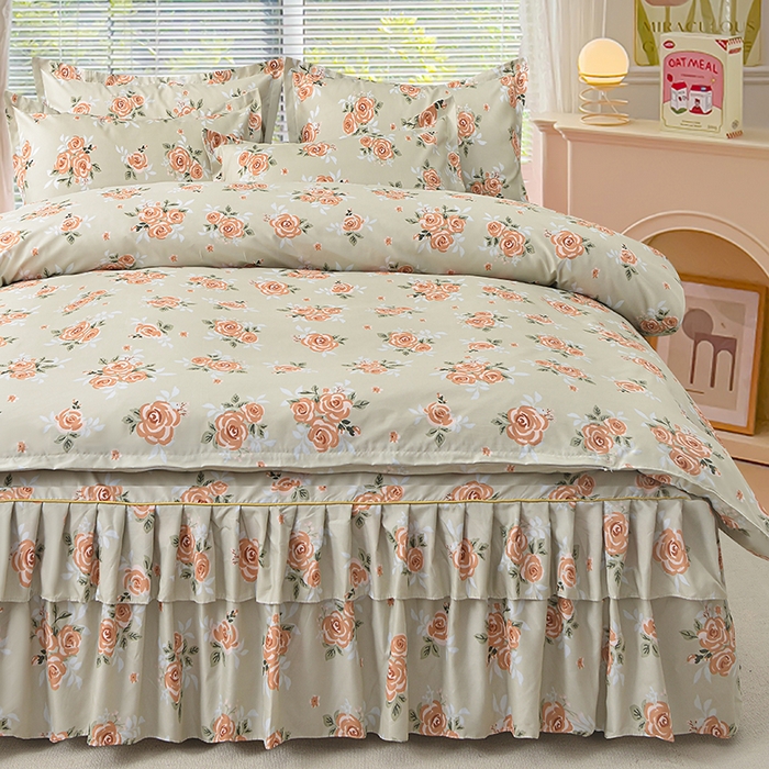 91家纺网 家纺一手货源 找家纺 小雨家纺 2026新款芦荟棉床裙四件套 春暖花开-棕