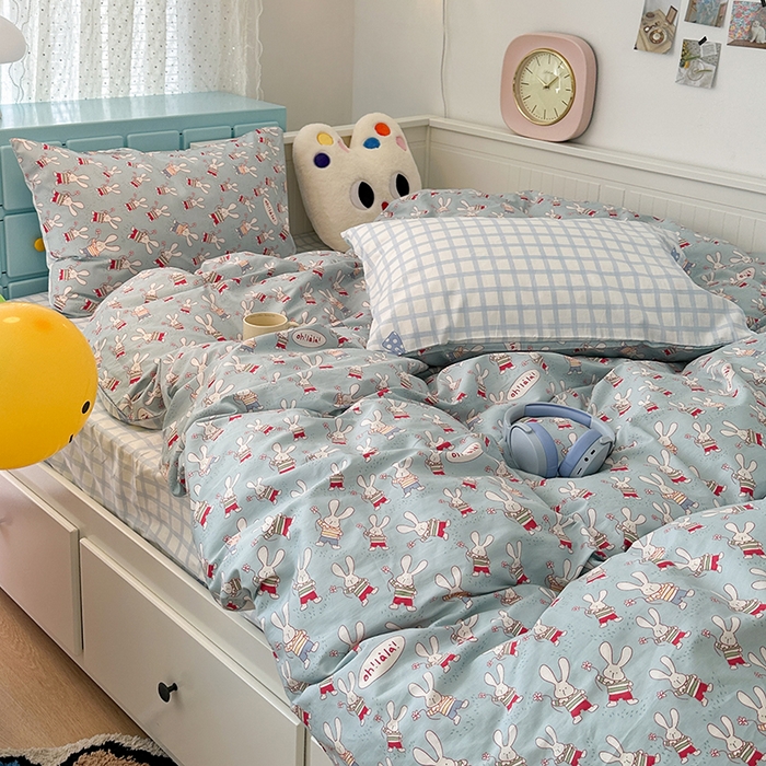 91家纺网 家纺一手货源 找家纺 昔可 新款春日氛围感小清新亲肤四件套 踏春小兔