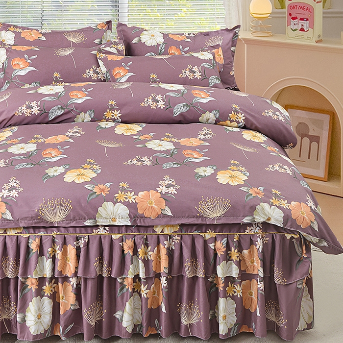 91家纺网 家纺一手货源 找家纺 小雨家纺 2026新款芦荟棉床裙四件套 如花似锦-棕