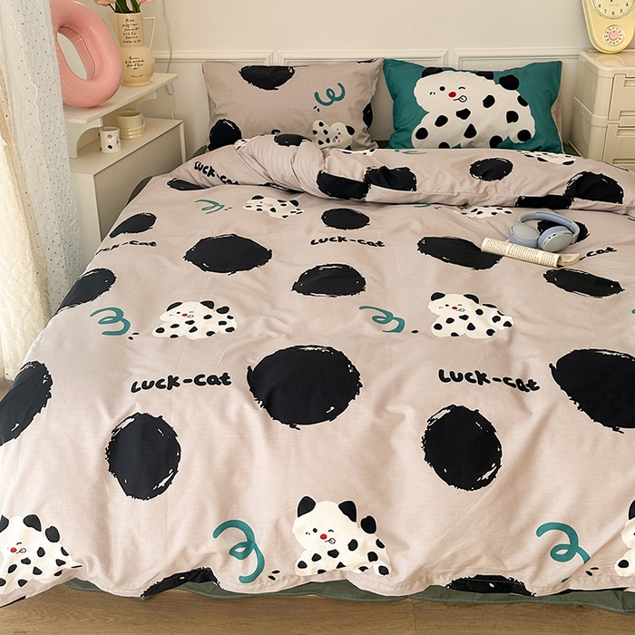 91家纺网 家纺一手货源 找家纺 昔可 新款创意枕套时尚柔舒全棉四件套 波点好运猫