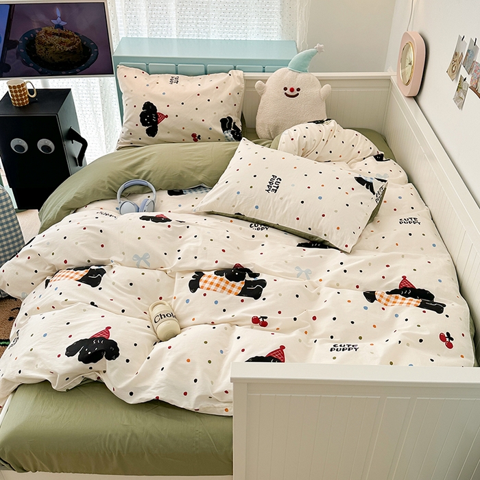 91家纺网 家纺一手货源 找家纺 昔可 新款多巴胺卡通简约风可爱亲肤四件套 哈皮狗狗