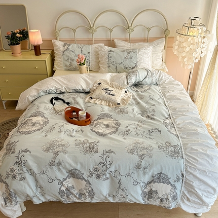 91家纺网 家纺一手货源 找家纺 昔可 新款褶皱花边全棉复古风四件套 复古城堡