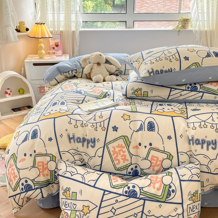 91家纺网 家纺一手货源 找家纺 本制 2024新款全棉印花小清新四件套 发财兔