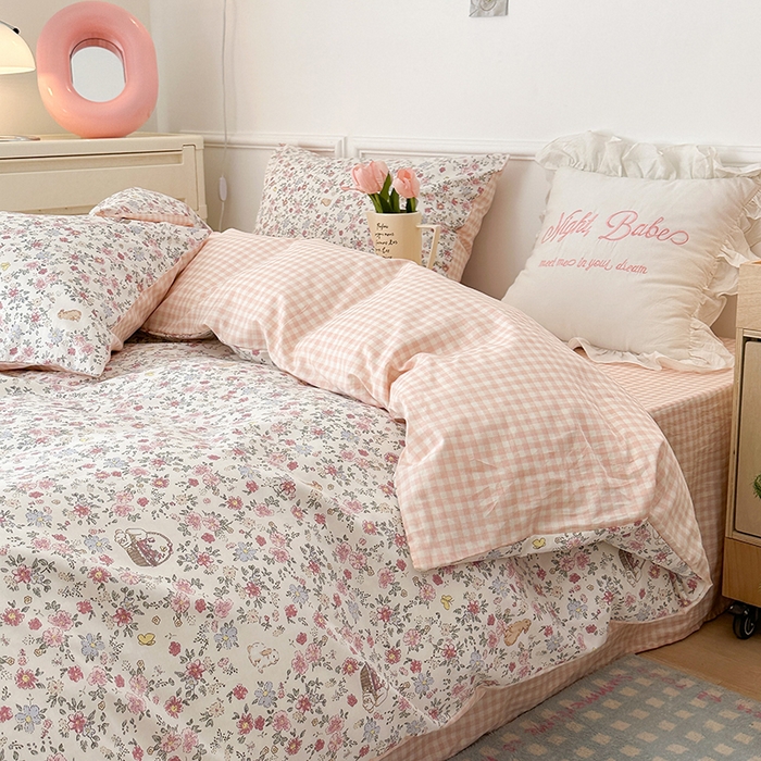 91家纺网 家纺一手货源 找家纺 昔可 新款春日氛围感小清新亲肤四件套 小兔花蓝