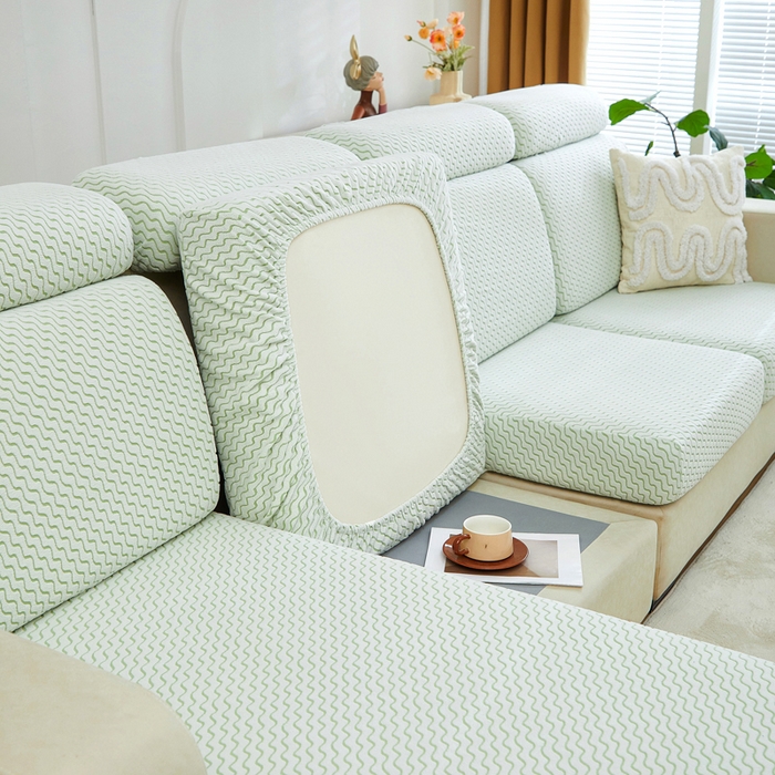91家纺网 家纺一手货源 找家纺 千彤 2024新款常规款-阳离子拉花绒水波纹系列沙发笠沙发套罩弹力全包 浅绿