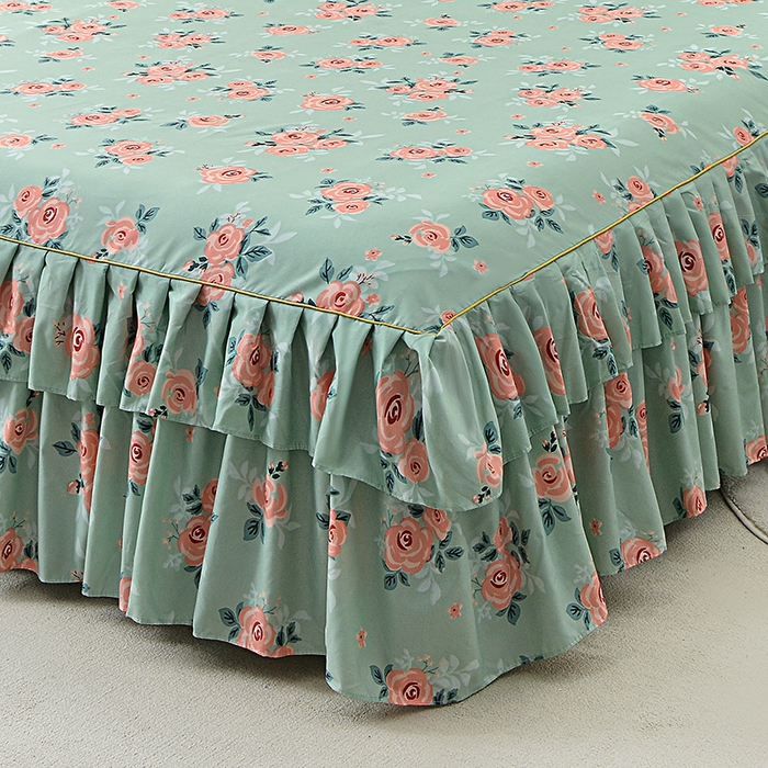 91家纺网 家纺一手货源 找家纺 小雨家纺 2026新款芦荟棉床裙四件套 春暖花开-浅绿