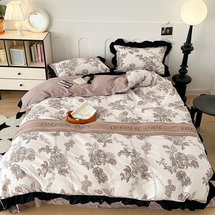 91家纺网 家纺一手货源 找家纺 昔可 新款单层大黑边复古花轻奢风四件套 复古咖花