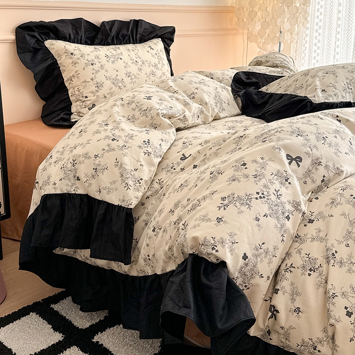 91家纺网 家纺一手货源 找家纺 昔可 新款单层大黑边复古花轻奢风四件套 花影蝴蝶