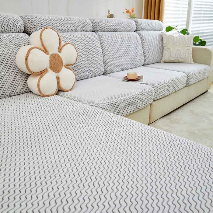 91家纺网 家纺一手货源 找家纺 千彤 2024新款常规款-阳离子拉花绒水波纹系列沙发笠沙发套罩弹力全包 深灰