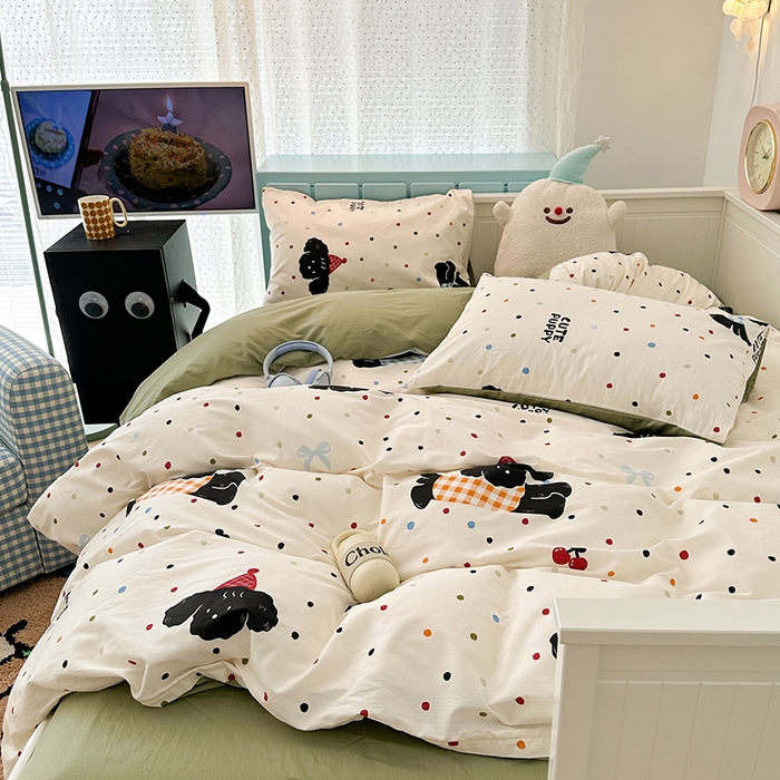 91家纺网 家纺一手货源 找家纺 昔可 新款多巴胺卡通简约风可爱亲肤四件套 哈皮狗狗