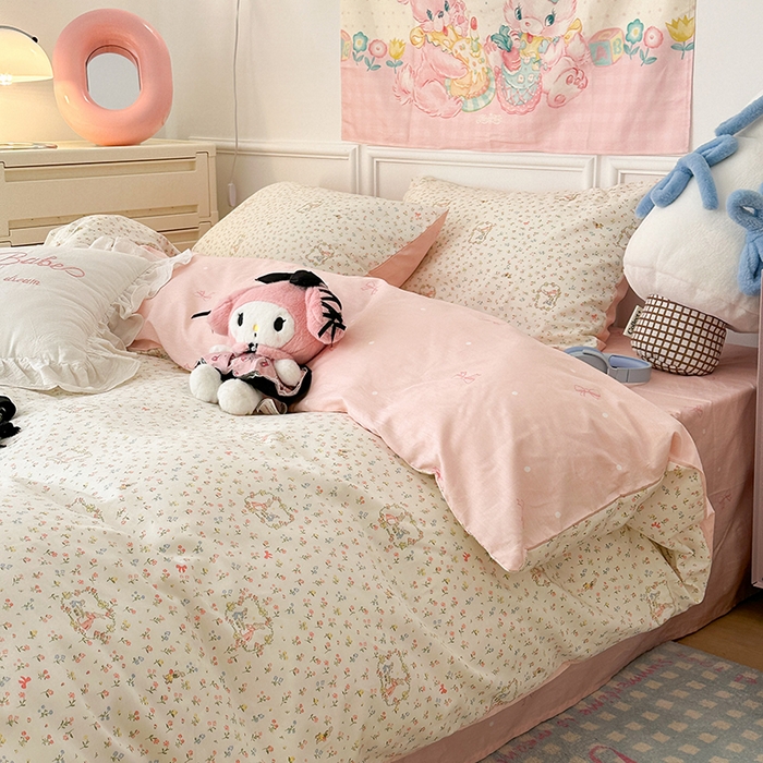 91家纺网 家纺一手货源 找家纺 昔可 新款春日氛围感小清新亲肤四件套 花园小兔