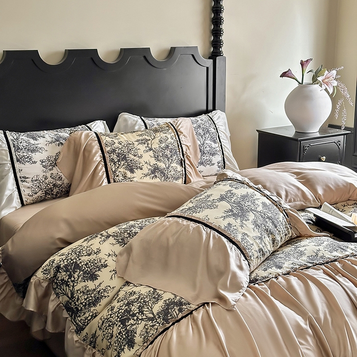 91家纺网 家纺一手货源 找家纺 黛舒家居 2024新款60s兰精天丝数码印花四件套-杨树林 杨树林-棕