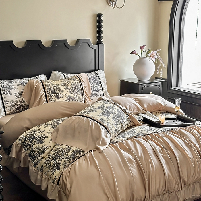 91家纺网 家纺一手货源 找家纺 黛舒家居 2024新款60s兰精天丝数码印花四件套-杨树林 杨树林-棕