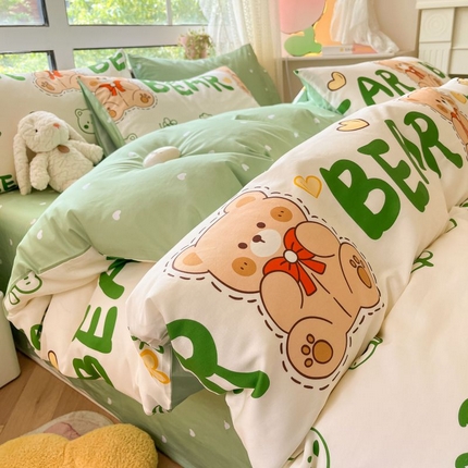 91家纺网 家纺一手货源 找家纺 本制 2024新款全棉印花小清新四件套 甜蜜熊