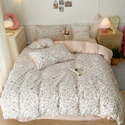 昔可 新款春日氛围感小清新亲肤四件套 小兔花蓝