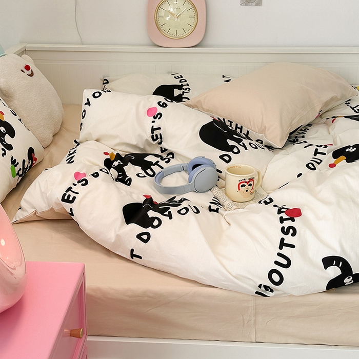 91家纺网 家纺一手货源 找家纺 昔可 新款多巴胺卡通简约风可爱亲肤四件套 小黑象