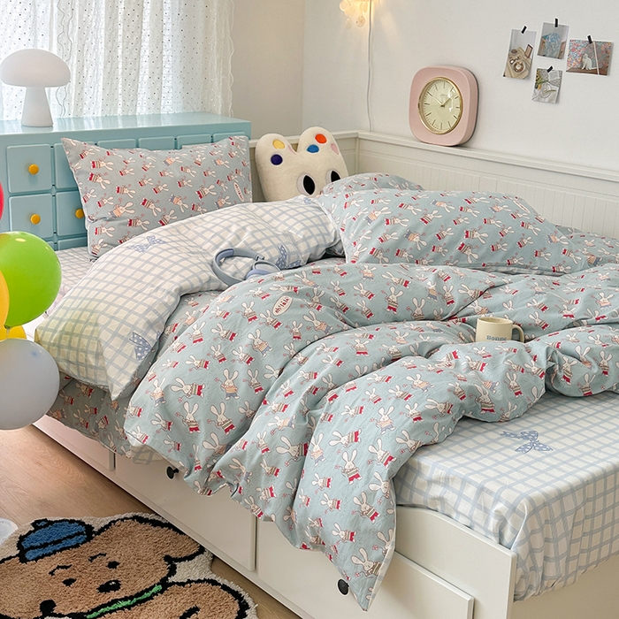 91家纺网 家纺一手货源 找家纺 昔可 新款春日氛围感小清新亲肤四件套 踏春小兔