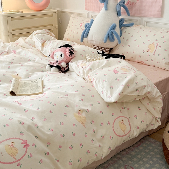 91家纺网 家纺一手货源 找家纺 昔可 新款春日氛围感小清新亲肤四件套 天鹅玫瑰