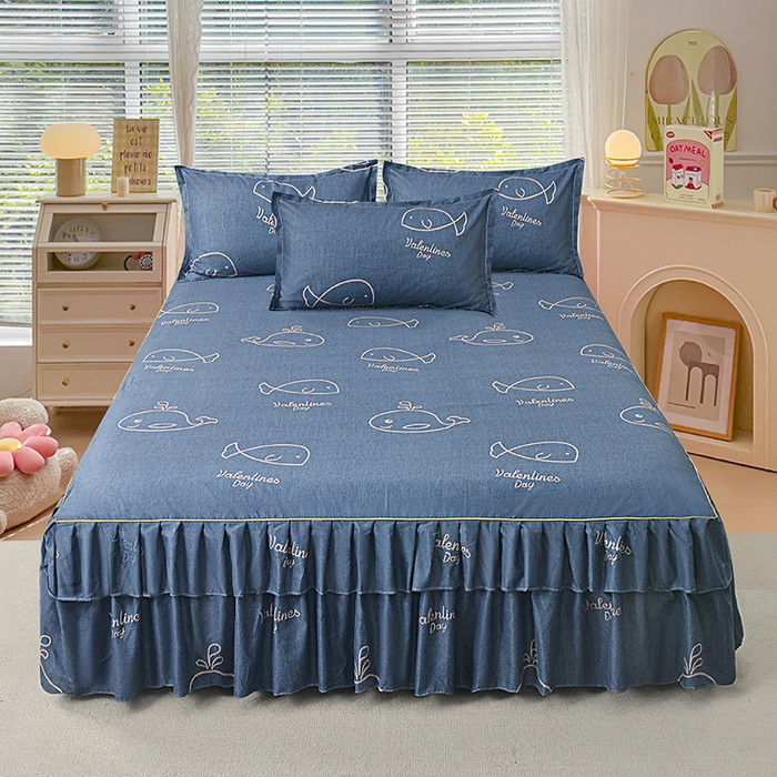 91家纺网 家纺一手货源 找家纺 小雨家纺 2026新款芦荟棉床裙三件套 小鲸鱼