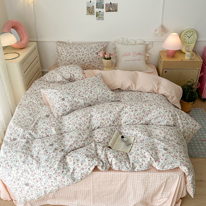 91家纺网 家纺一手货源 找家纺 昔可 新款春日氛围感小清新亲肤四件套 小兔花蓝