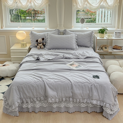 雅眠居 2024直播爆款韩版法式公主风纯色泡泡棉床盖款夏被四件套蕾丝床盖三件套 泡芙-灰