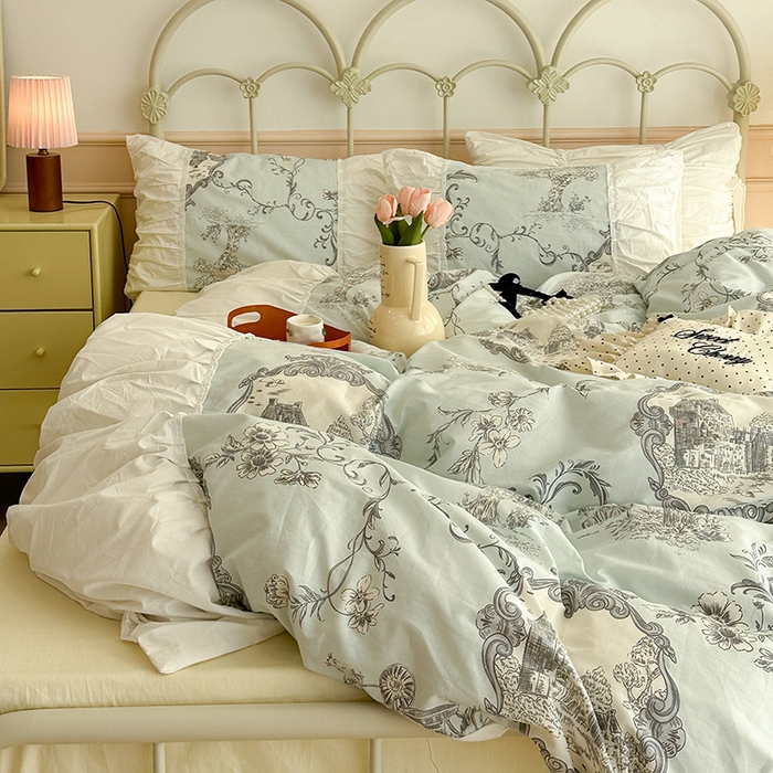 91家纺网 家纺一手货源 找家纺 （总）昔可 新款褶皱花边全棉复古风四件套