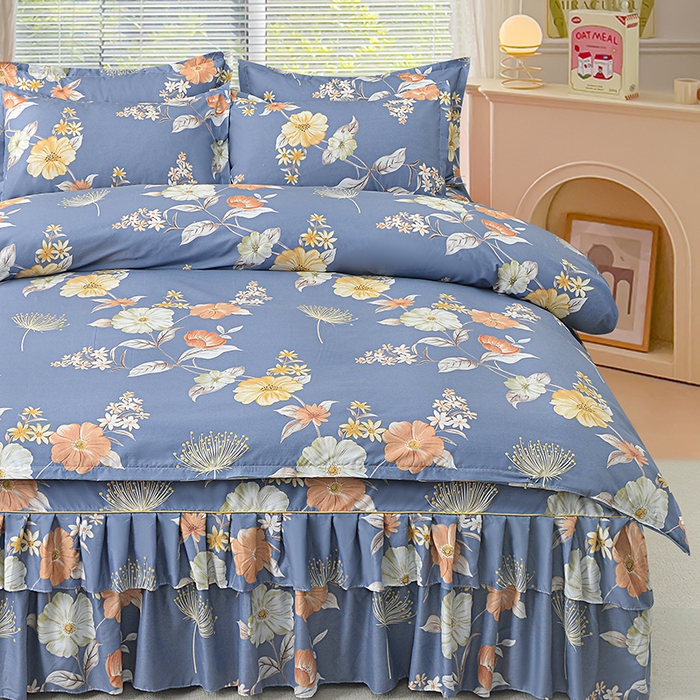 91家纺网 家纺一手货源 找家纺 小雨家纺 2026新款芦荟棉床裙四件套 如花似锦-深灰