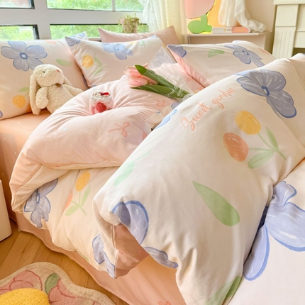 91家纺网 家纺一手货源 找家纺 本制 2024新款全棉印花小清新四件套 蓝铃花