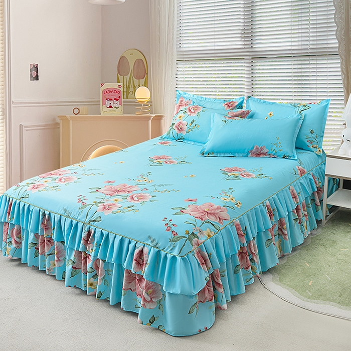 91家纺网 家纺一手货源 找家纺 小雨家纺 2026新款芦荟棉床裙三件套 碧玉佳人-兰