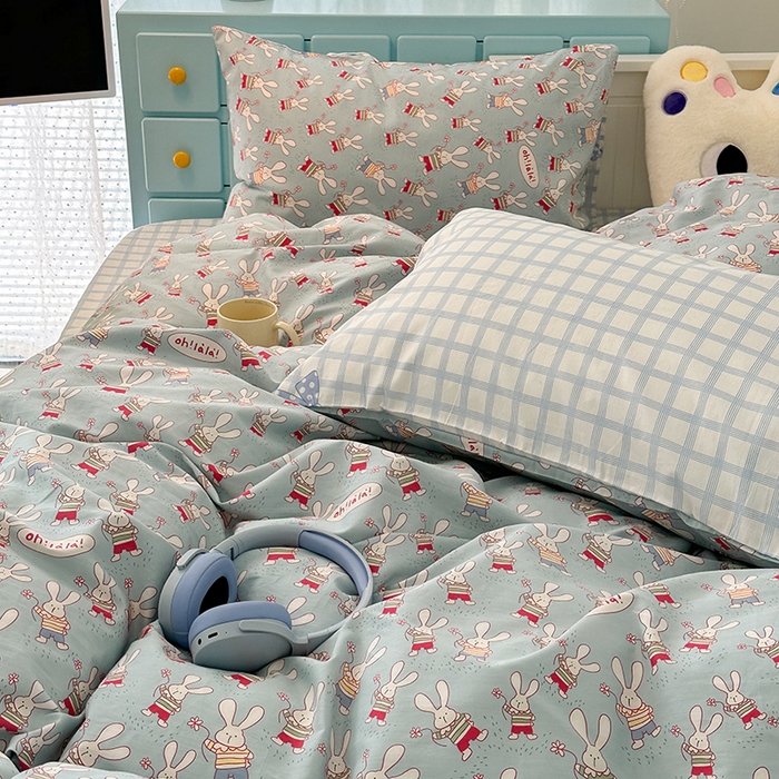 91家纺网 家纺一手货源 找家纺 昔可 新款春日氛围感小清新亲肤四件套 踏春小兔