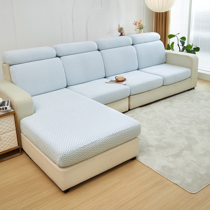 91家纺网 家纺一手货源 找家纺 千彤 2024新款常规款-阳离子拉花绒水波纹系列沙发笠沙发套罩弹力全包 浅蓝