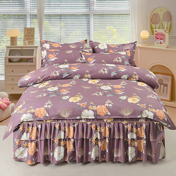 91家纺网 家纺一手货源 找家纺 小雨家纺 2026新款芦荟棉床裙四件套 如花似锦-棕