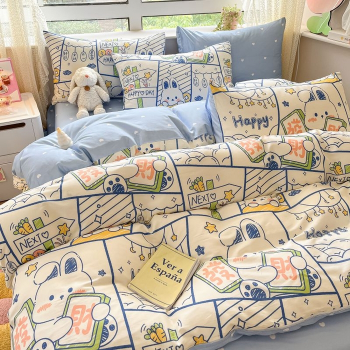 91家纺网 家纺一手货源 找家纺 本制 2024新款全棉印花小清新四件套 发财兔