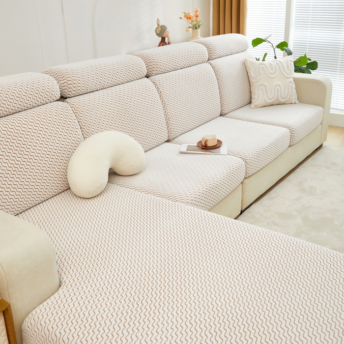 91家纺网 家纺一手货源 找家纺 千彤 2024新款常规款-阳离子拉花绒水波纹系列沙发笠沙发套罩弹力全包 咖色