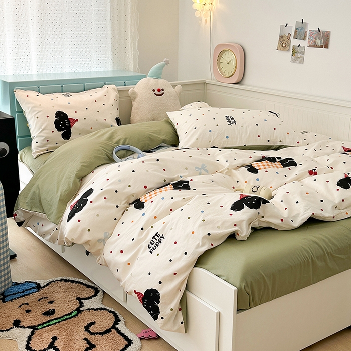 91家纺网 家纺一手货源 找家纺 昔可 新款多巴胺卡通简约风可爱亲肤四件套 哈皮狗狗