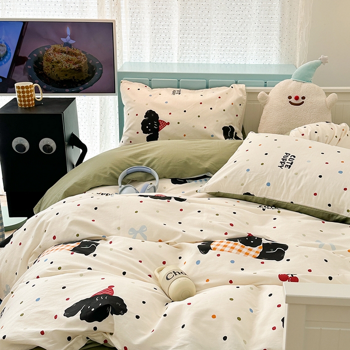 91家纺网 家纺一手货源 找家纺 昔可 新款多巴胺卡通简约风可爱亲肤四件套 哈皮狗狗