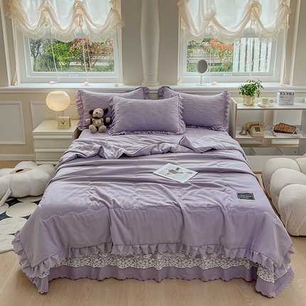 雅眠居 2024直播爆款韩版法式公主风纯色泡泡棉床盖款夏被四件套蕾丝床盖三件套 泡芙-紫